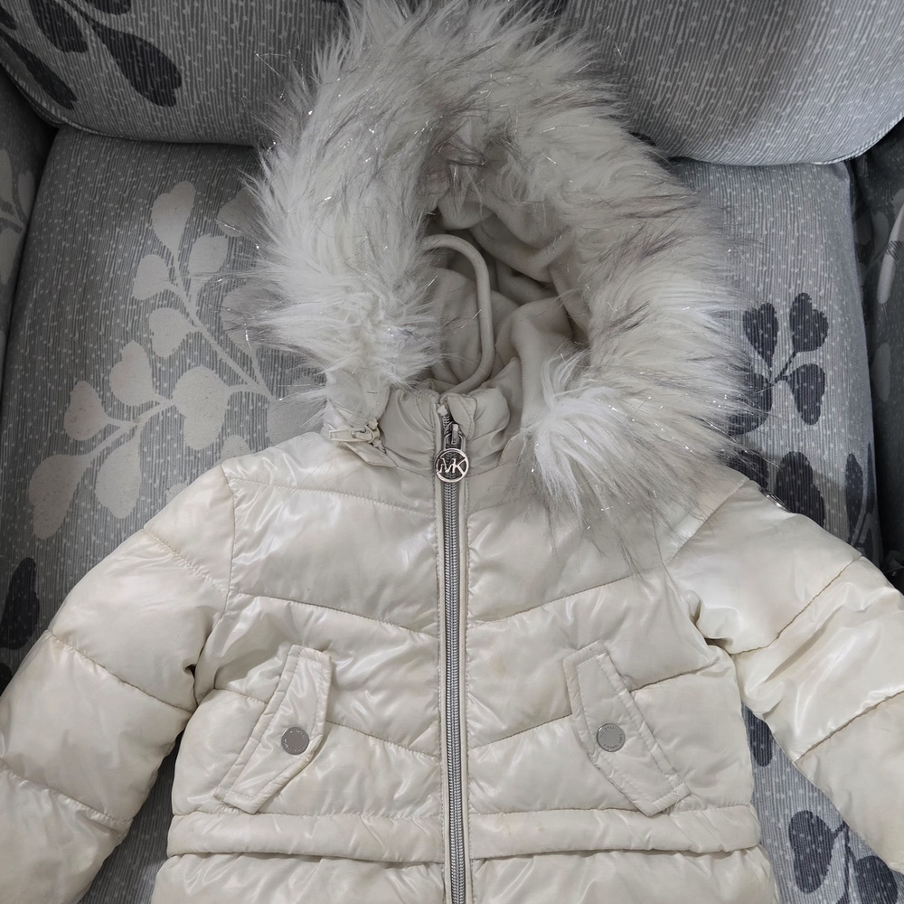 MICHAEL Michael Kors Cream Puffer Jacket with Faux Fur Hood